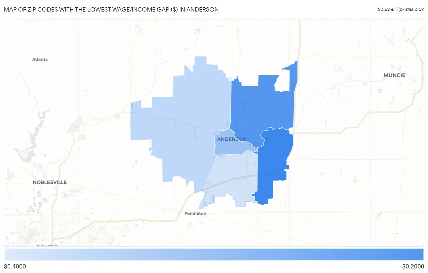 Zip Codes with the Lowest Wage/Income Gap ($) in Anderson Map