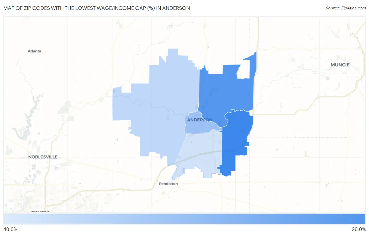 Zip Codes with the Lowest Wage/Income Gap (%) in Anderson Map