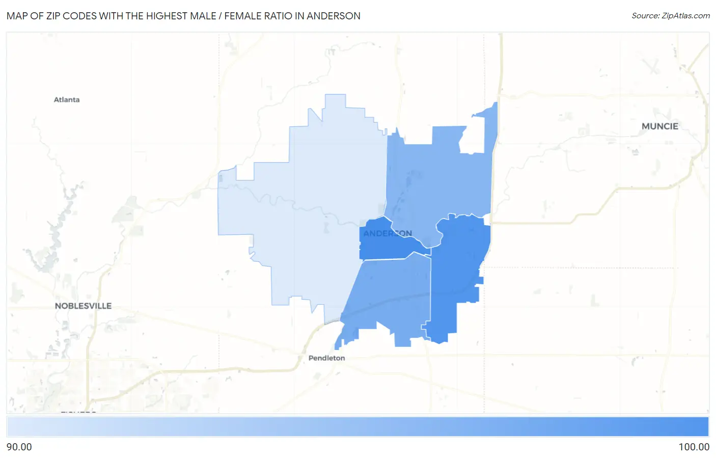 Zip Codes with the Highest Male / Female Ratio in Anderson Map