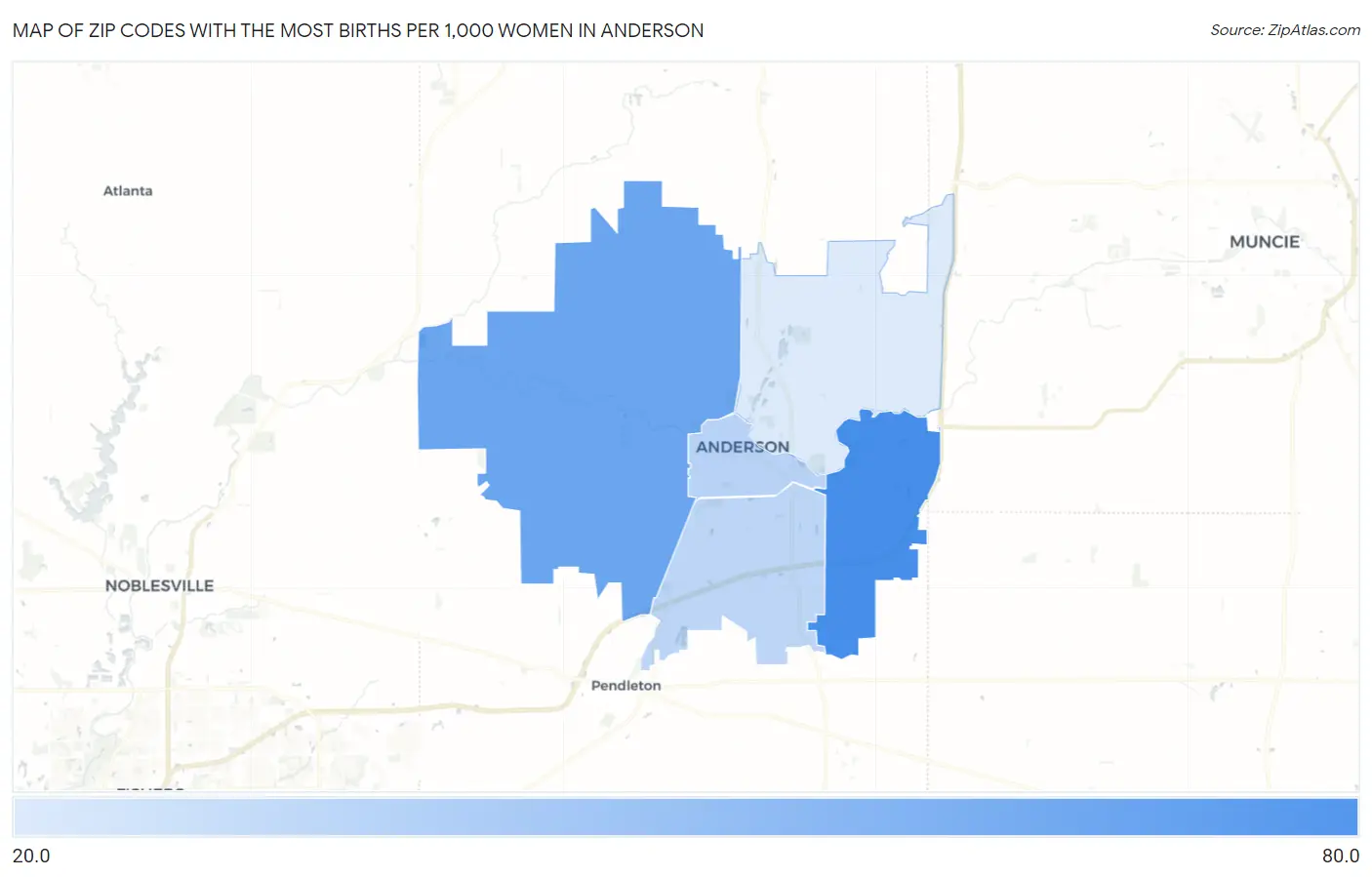 Zip Codes with the Most Births per 1,000 Women in Anderson Map