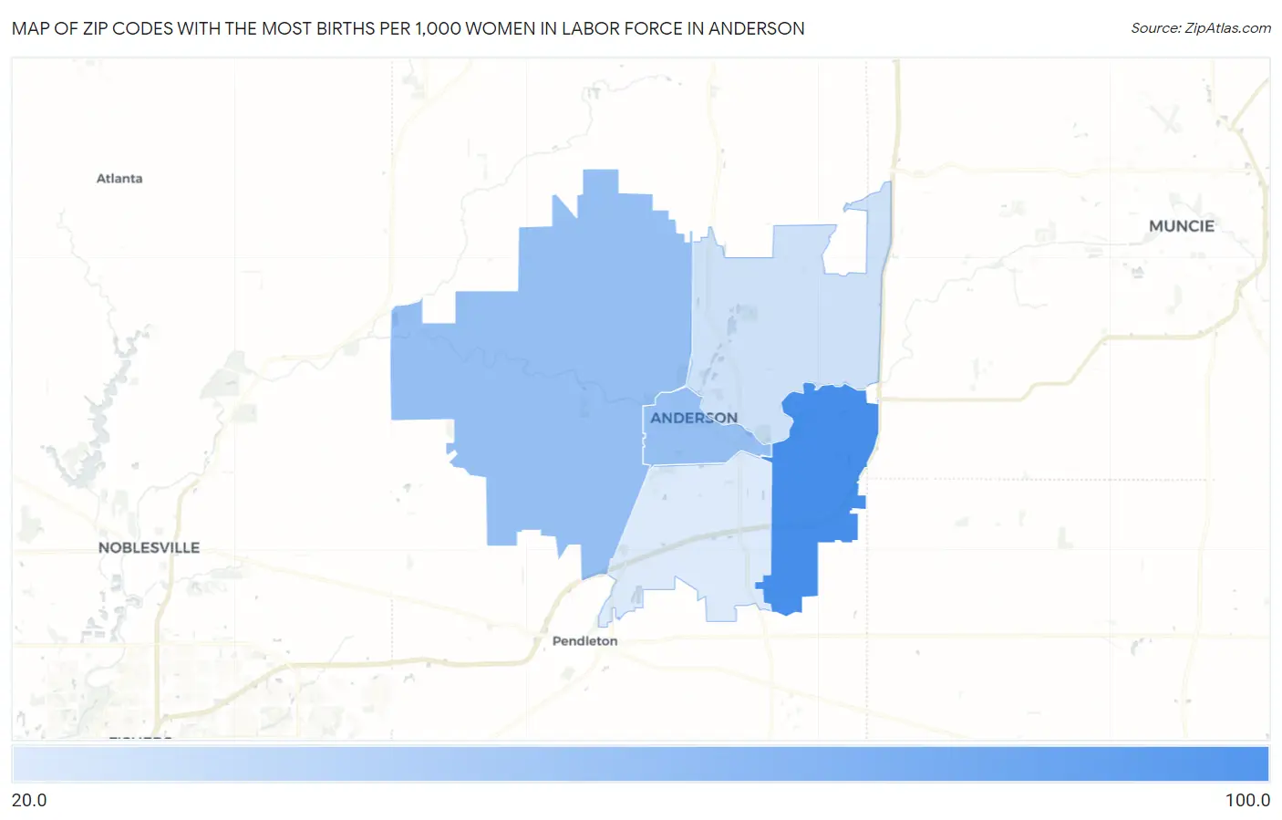 Zip Codes with the Most Births per 1,000 Women in Labor Force in Anderson Map