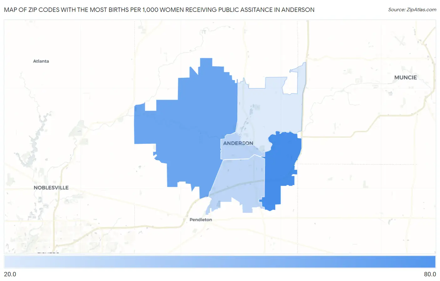 Zip Codes with the Most Births per 1,000 Women Receiving Public Assitance in Anderson Map