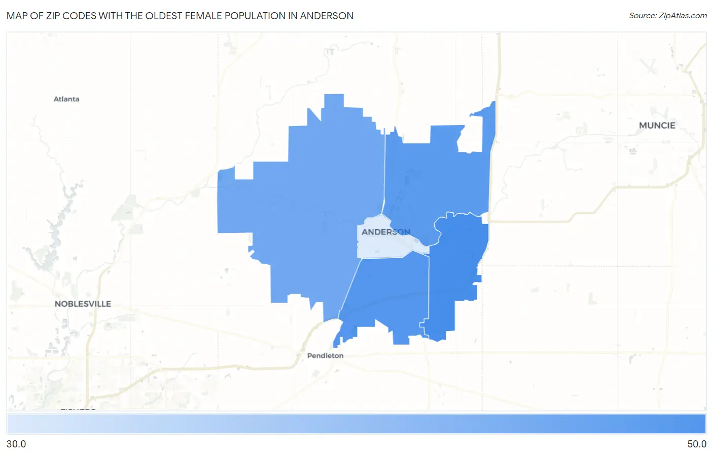 Zip Codes with the Oldest Female Population in Anderson Map
