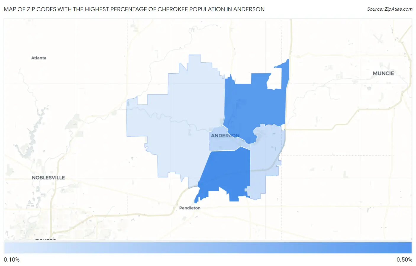 Zip Codes with the Highest Percentage of Cherokee Population in Anderson Map