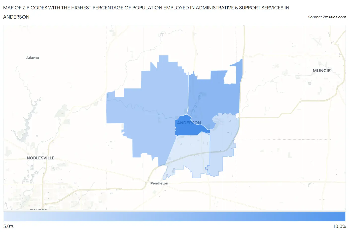 Zip Codes with the Highest Percentage of Population Employed in Administrative & Support Services in Anderson Map