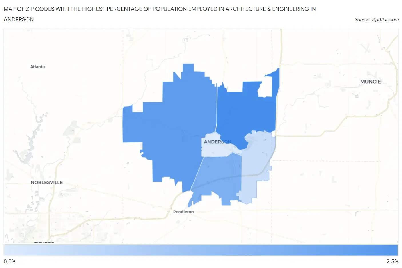 Zip Codes with the Highest Percentage of Population Employed in Architecture & Engineering in Anderson Map