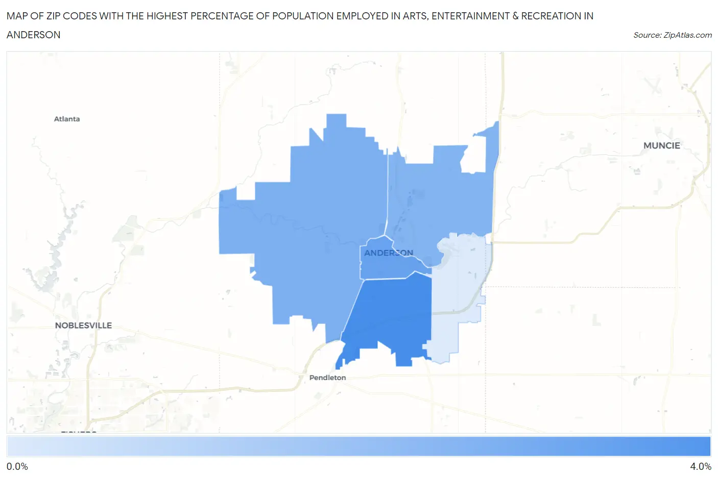 Zip Codes with the Highest Percentage of Population Employed in Arts, Entertainment & Recreation in Anderson Map