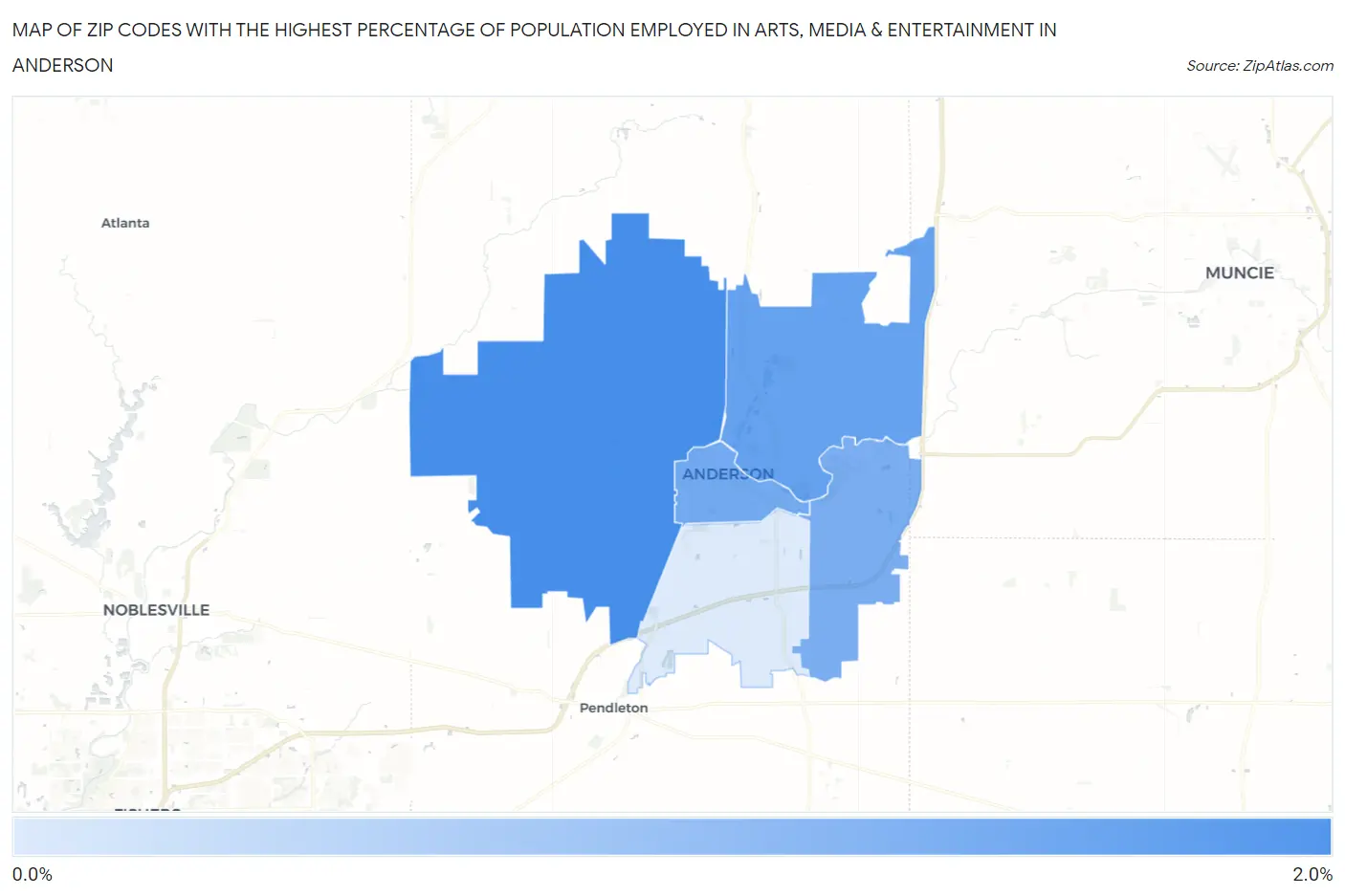 Zip Codes with the Highest Percentage of Population Employed in Arts, Media & Entertainment in Anderson Map