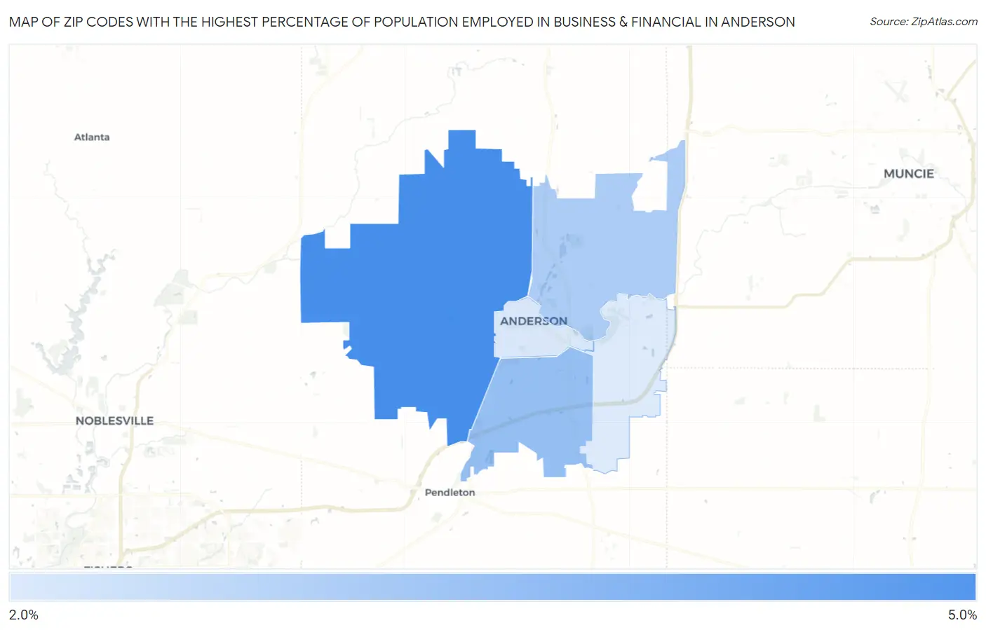 Zip Codes with the Highest Percentage of Population Employed in Business & Financial in Anderson Map