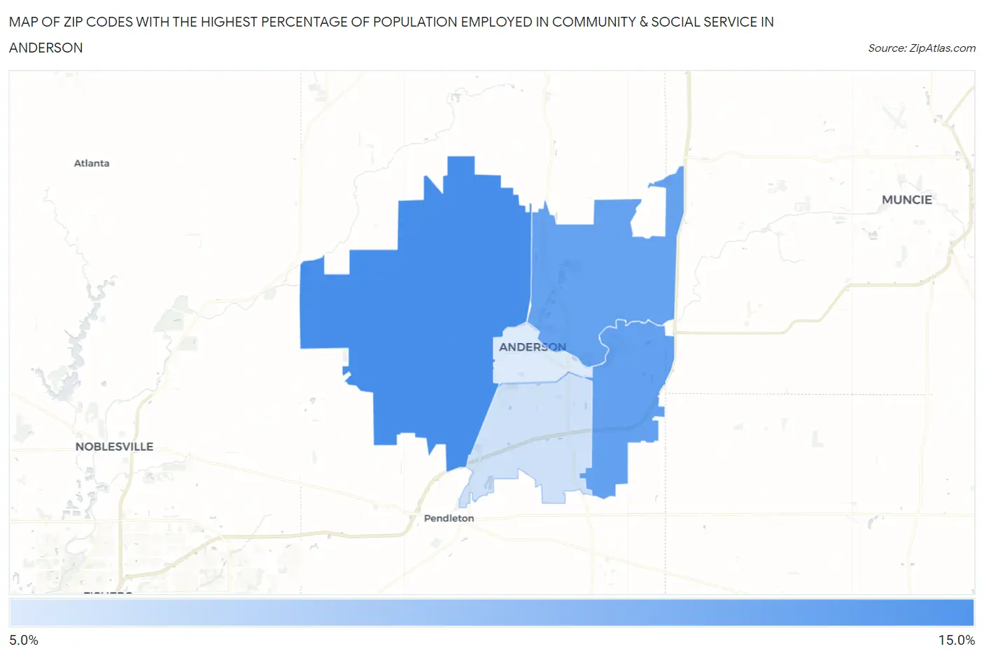 Zip Codes with the Highest Percentage of Population Employed in Community & Social Service  in Anderson Map