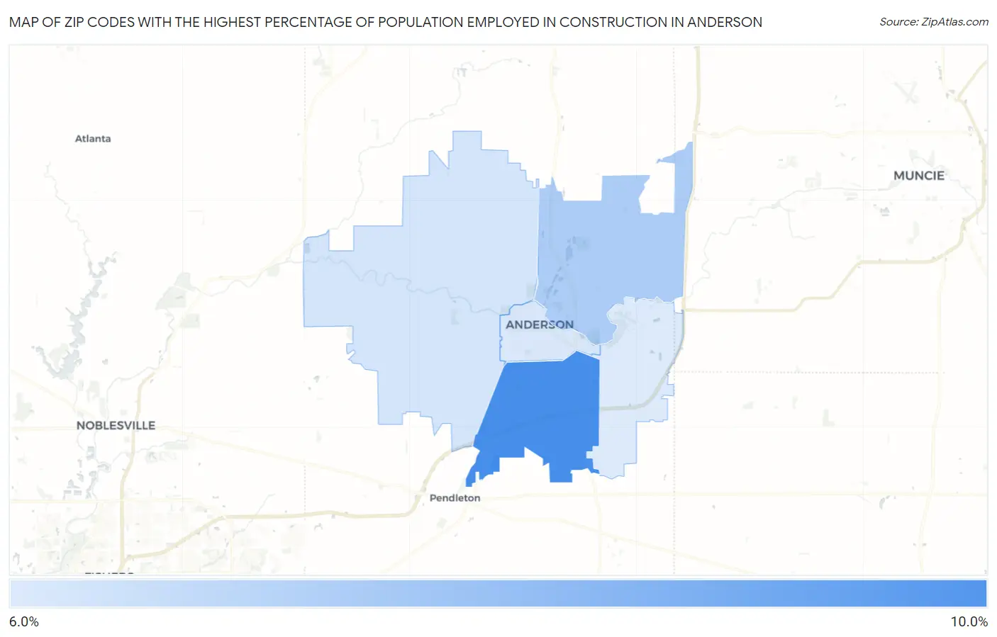 Zip Codes with the Highest Percentage of Population Employed in Construction in Anderson Map