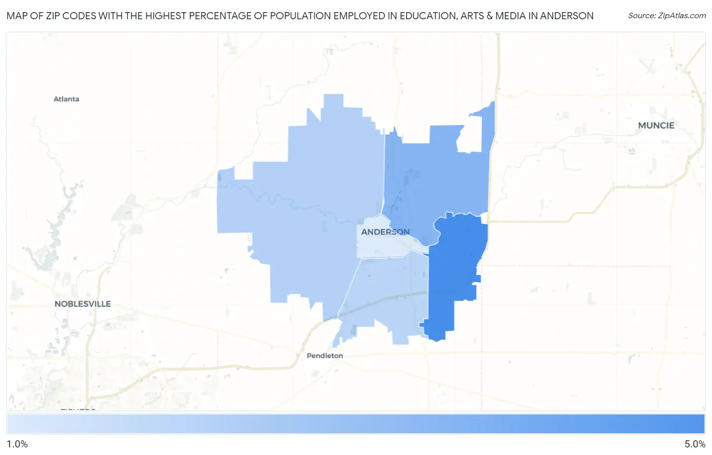 Zip Codes with the Highest Percentage of Population Employed in Education, Arts & Media in Anderson Map