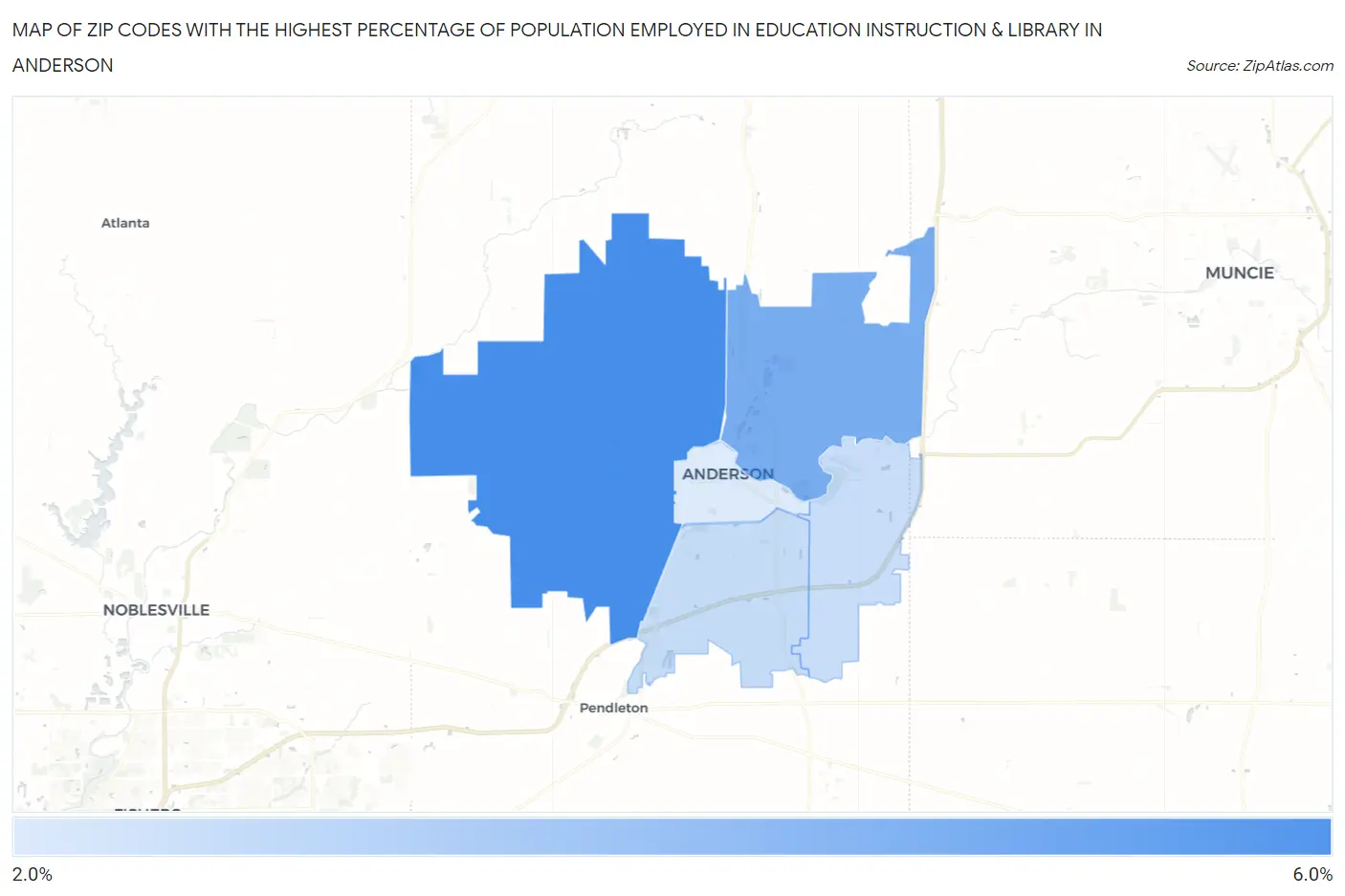 Zip Codes with the Highest Percentage of Population Employed in Education Instruction & Library in Anderson Map
