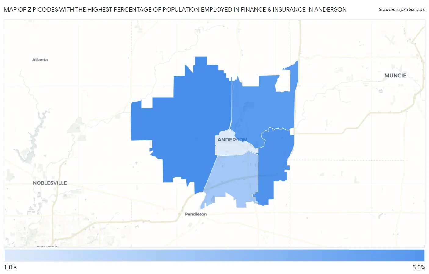 Zip Codes with the Highest Percentage of Population Employed in Finance & Insurance in Anderson Map