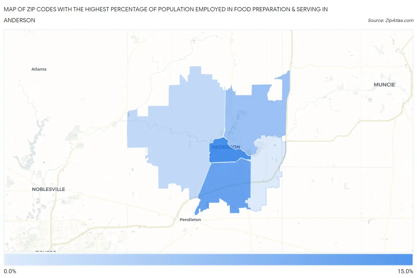 Zip Codes with the Highest Percentage of Population Employed in Food Preparation & Serving in Anderson Map