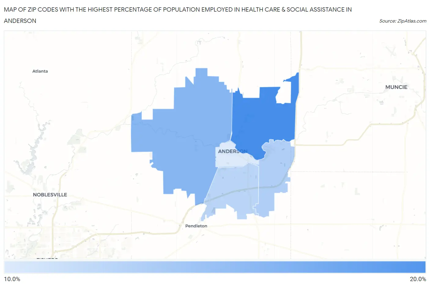Zip Codes with the Highest Percentage of Population Employed in Health Care & Social Assistance in Anderson Map