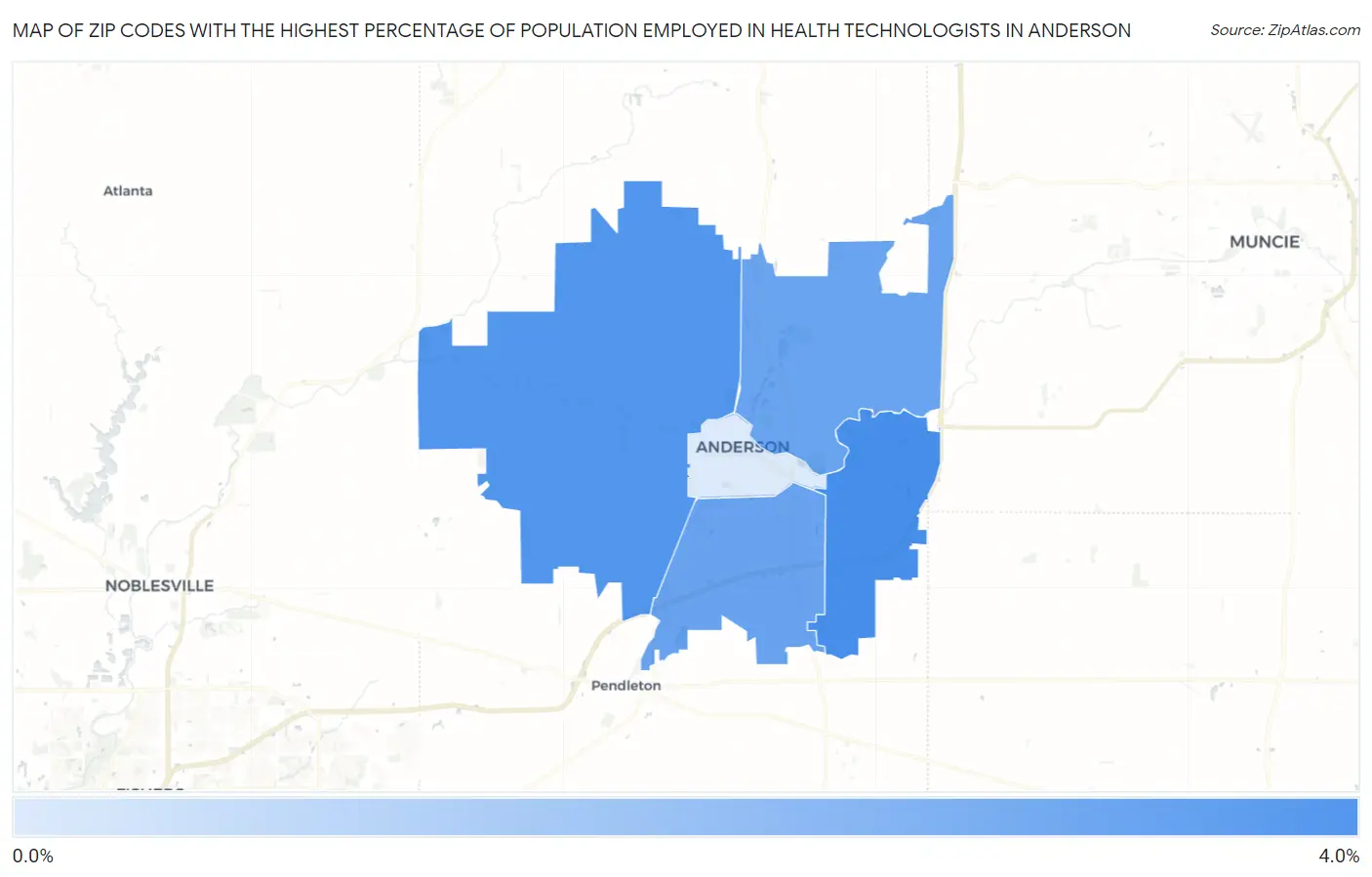 Zip Codes with the Highest Percentage of Population Employed in Health Technologists in Anderson Map