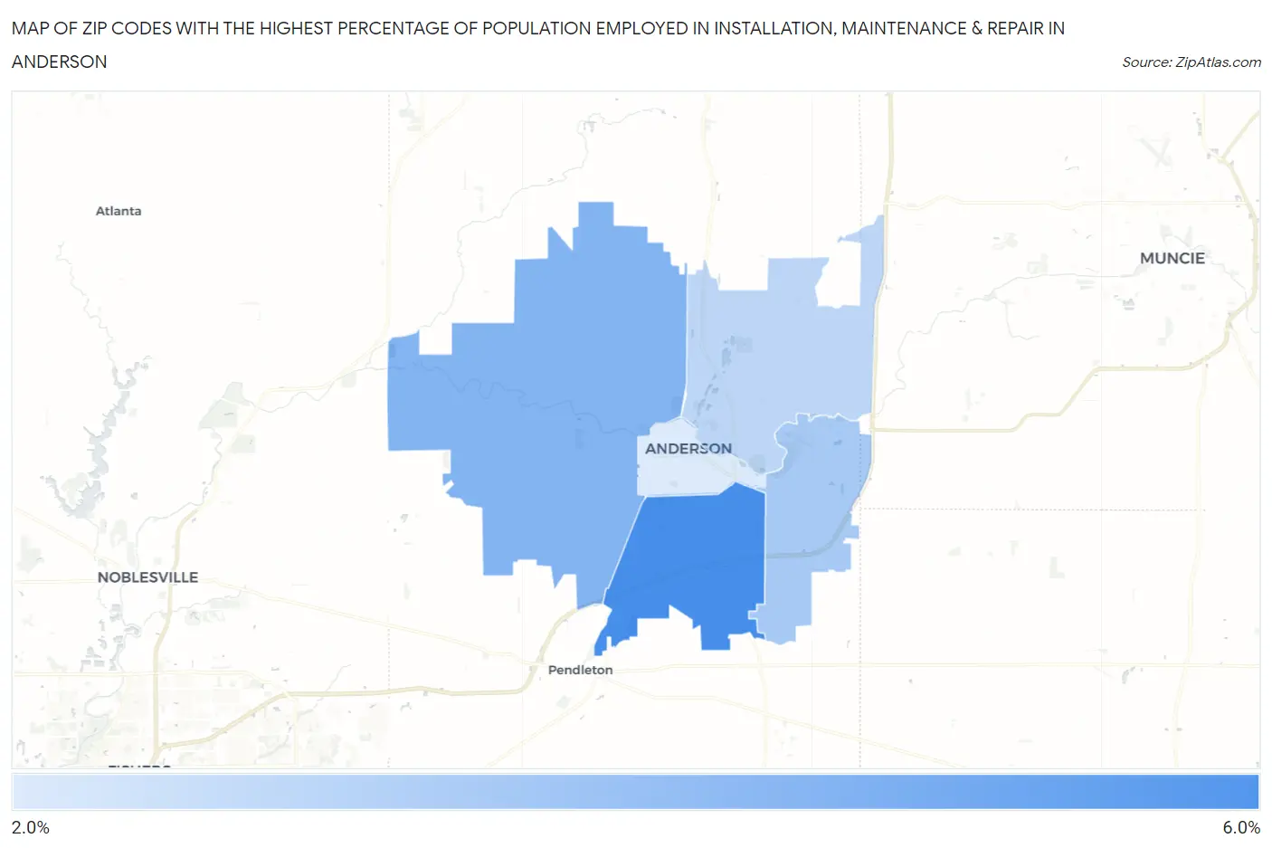 Zip Codes with the Highest Percentage of Population Employed in Installation, Maintenance & Repair in Anderson Map
