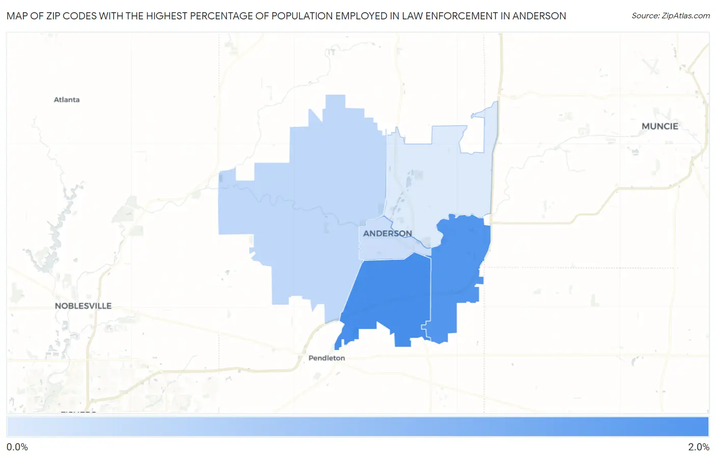 Zip Codes with the Highest Percentage of Population Employed in Law Enforcement in Anderson Map