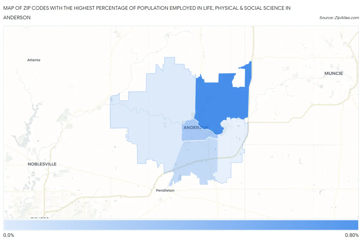 Zip Codes with the Highest Percentage of Population Employed in Life, Physical & Social Science in Anderson Map