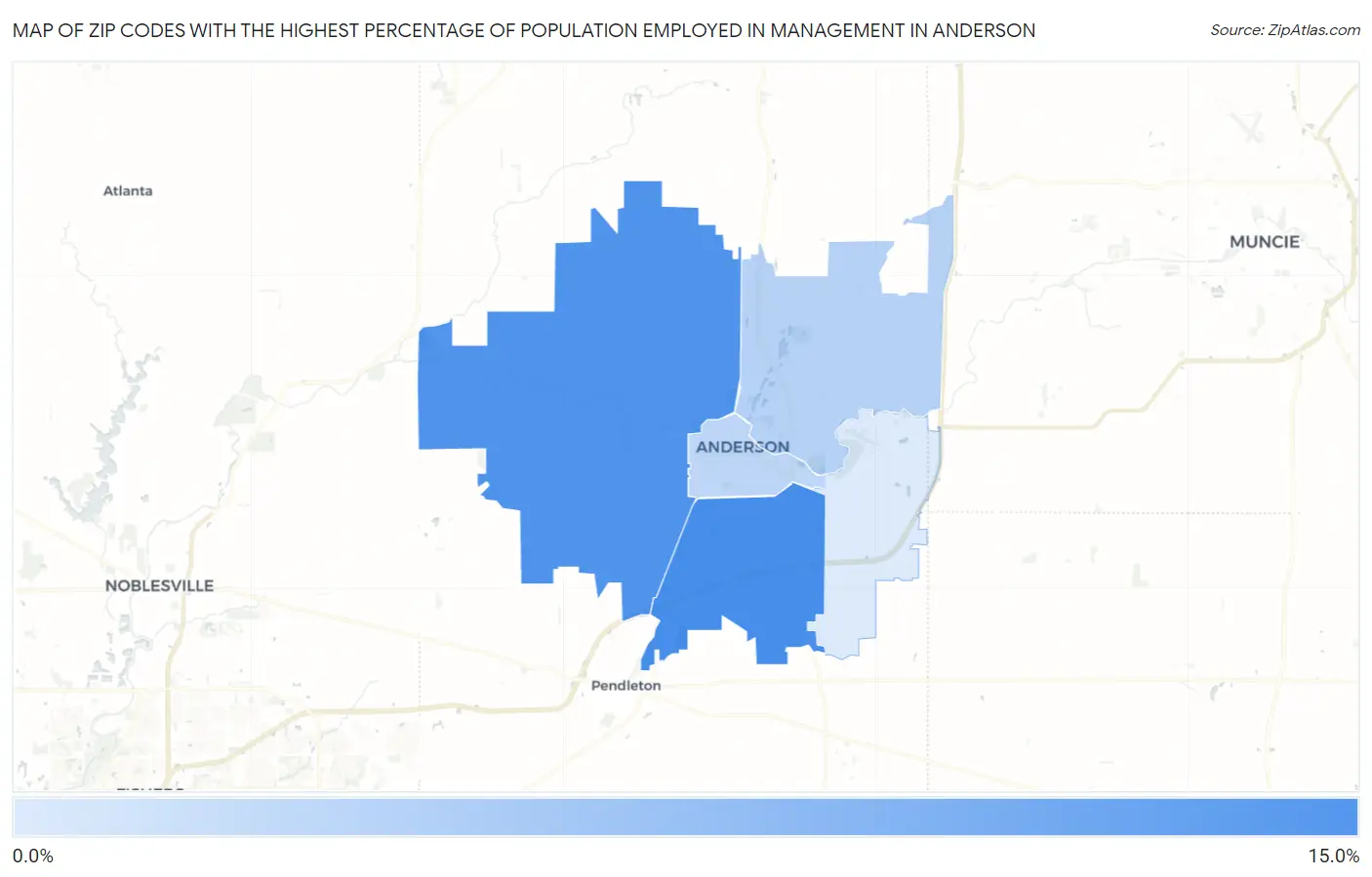 Zip Codes with the Highest Percentage of Population Employed in Management in Anderson Map