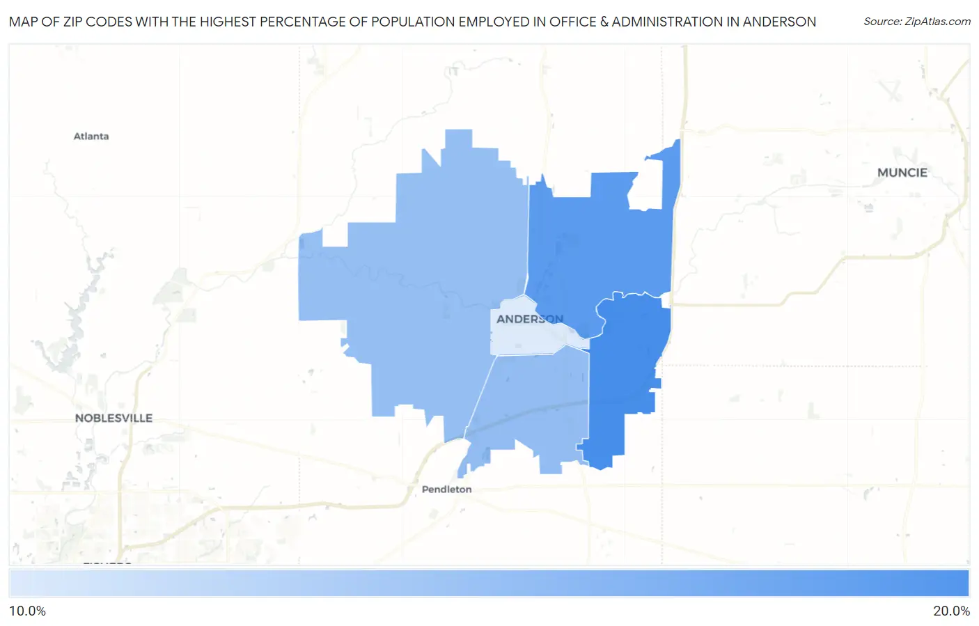 Zip Codes with the Highest Percentage of Population Employed in Office & Administration in Anderson Map