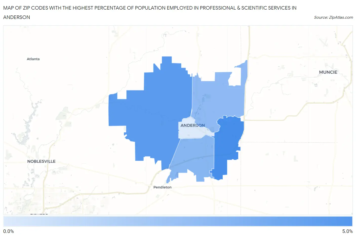Zip Codes with the Highest Percentage of Population Employed in Professional & Scientific Services in Anderson Map