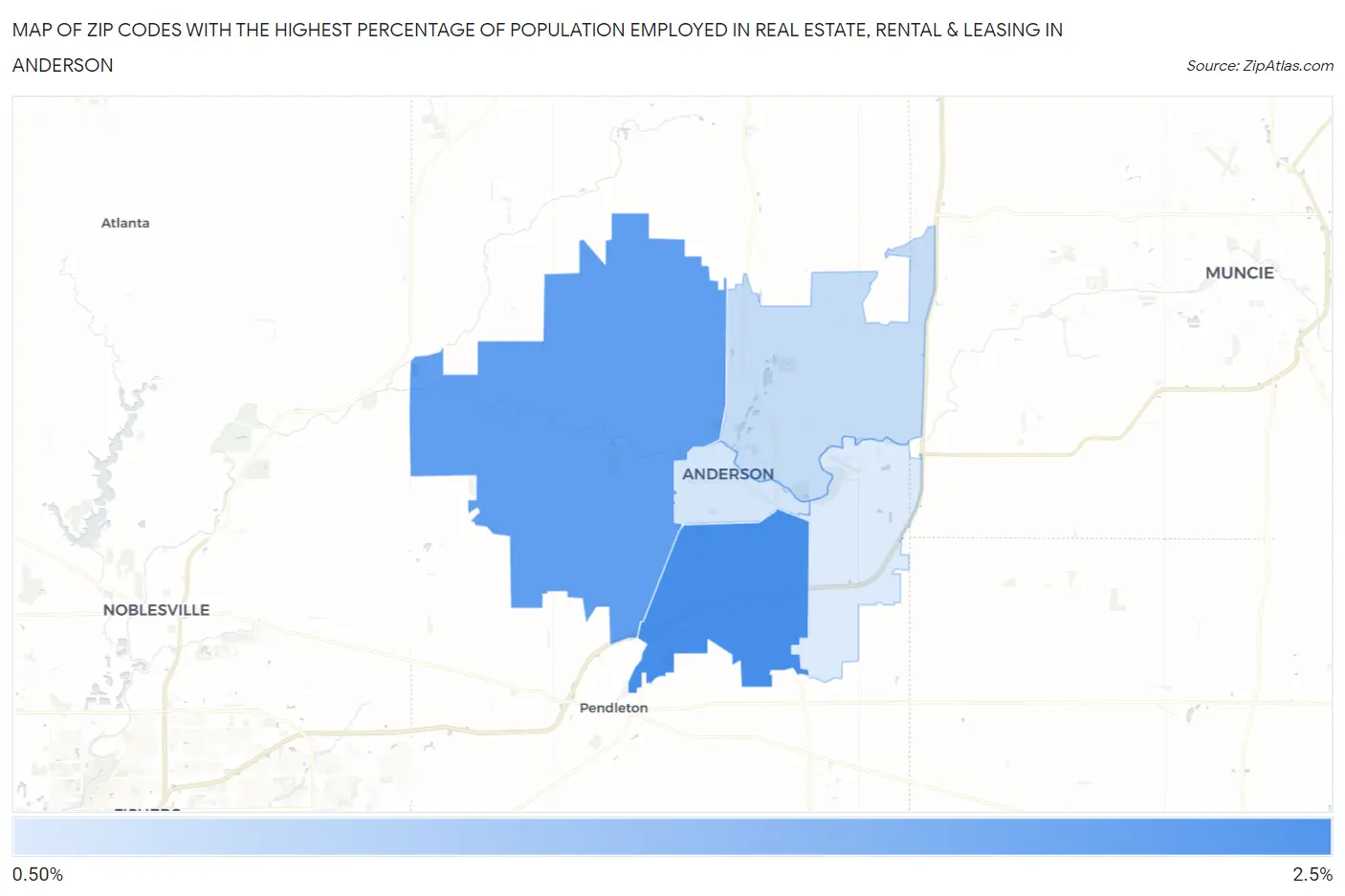 Zip Codes with the Highest Percentage of Population Employed in Real Estate, Rental & Leasing in Anderson Map