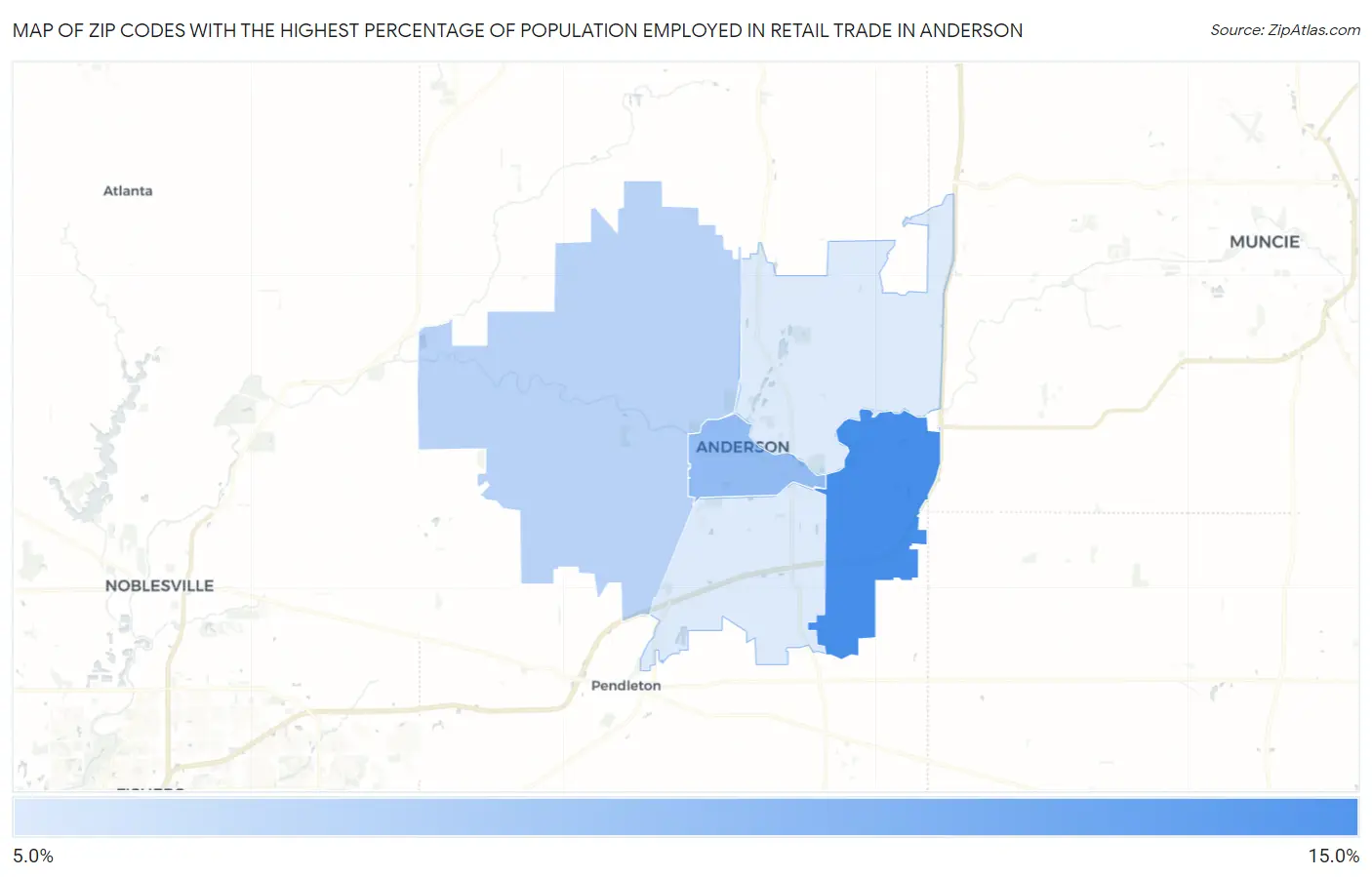 Zip Codes with the Highest Percentage of Population Employed in Retail Trade in Anderson Map