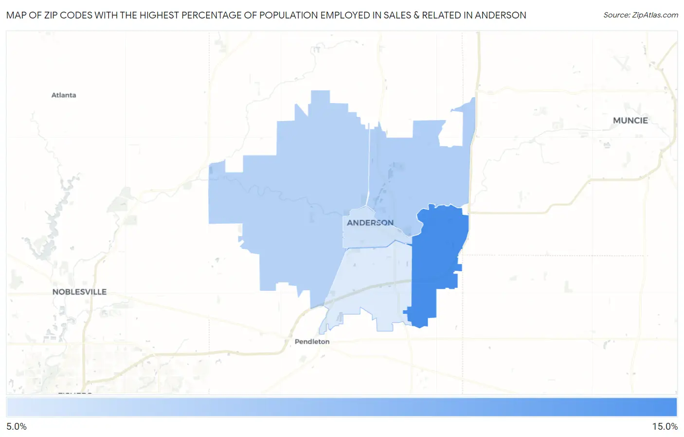 Zip Codes with the Highest Percentage of Population Employed in Sales & Related in Anderson Map