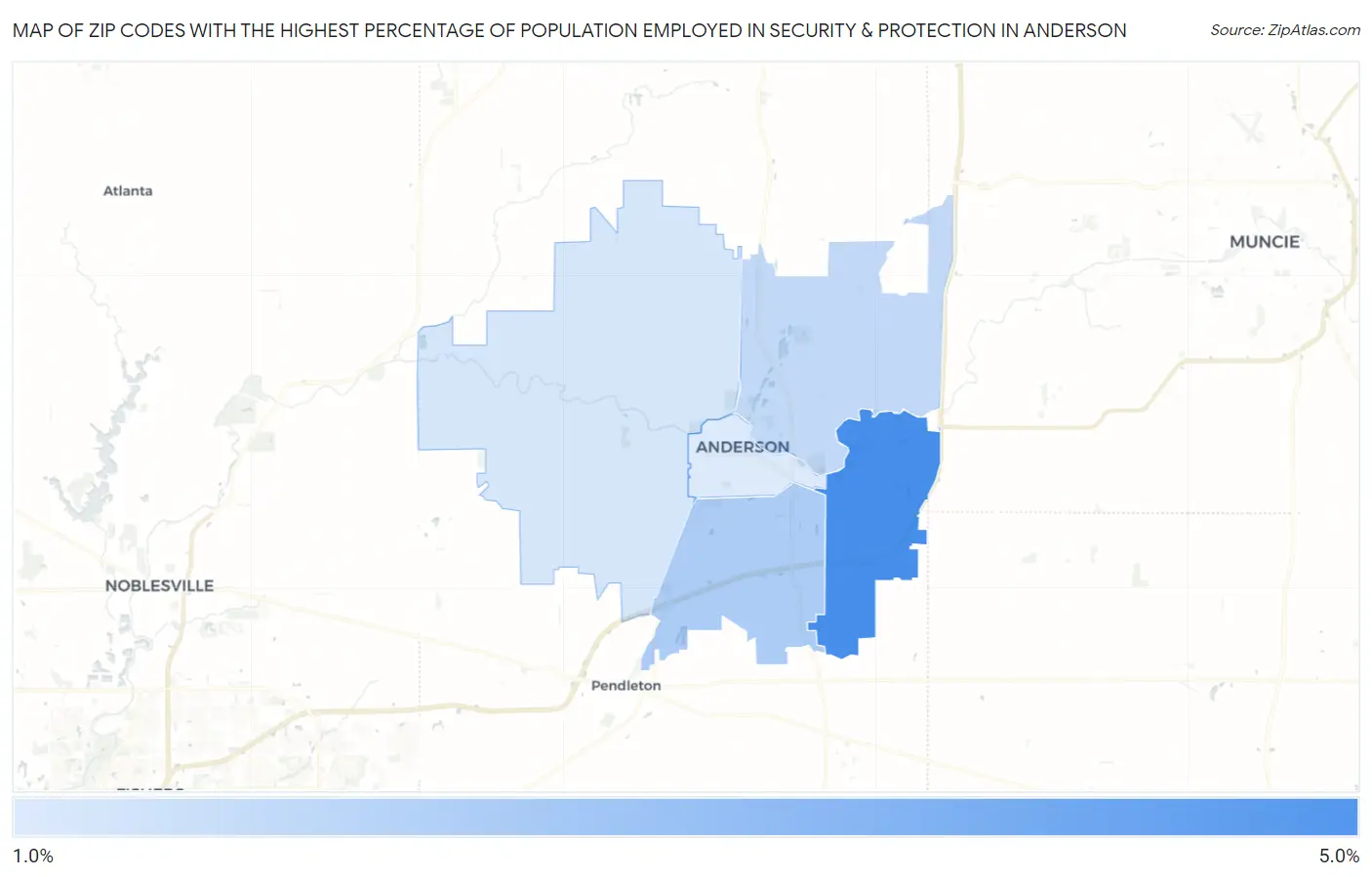 Zip Codes with the Highest Percentage of Population Employed in Security & Protection in Anderson Map