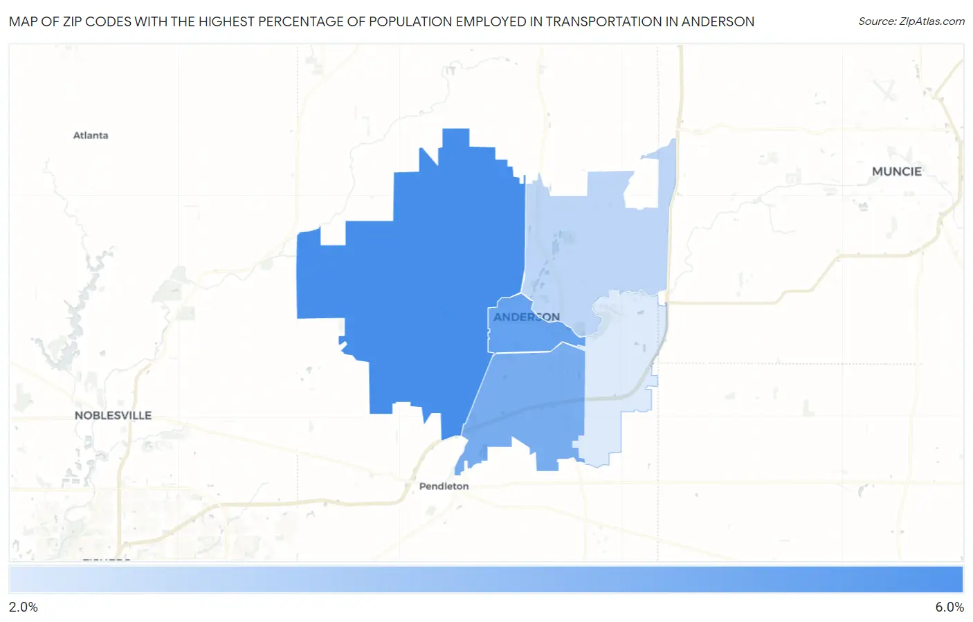 Zip Codes with the Highest Percentage of Population Employed in Transportation in Anderson Map