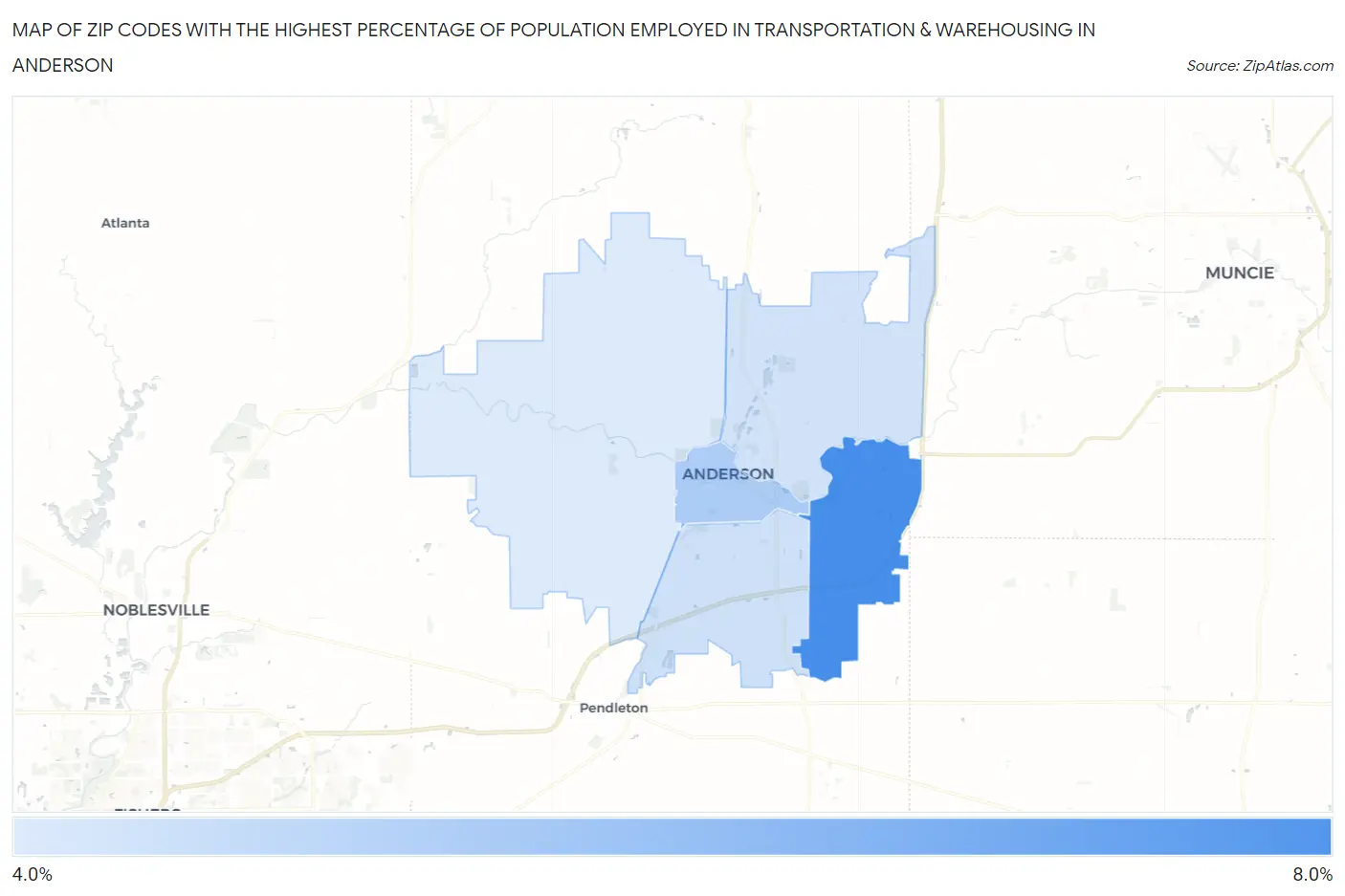 Zip Codes with the Highest Percentage of Population Employed in Transportation & Warehousing in Anderson Map