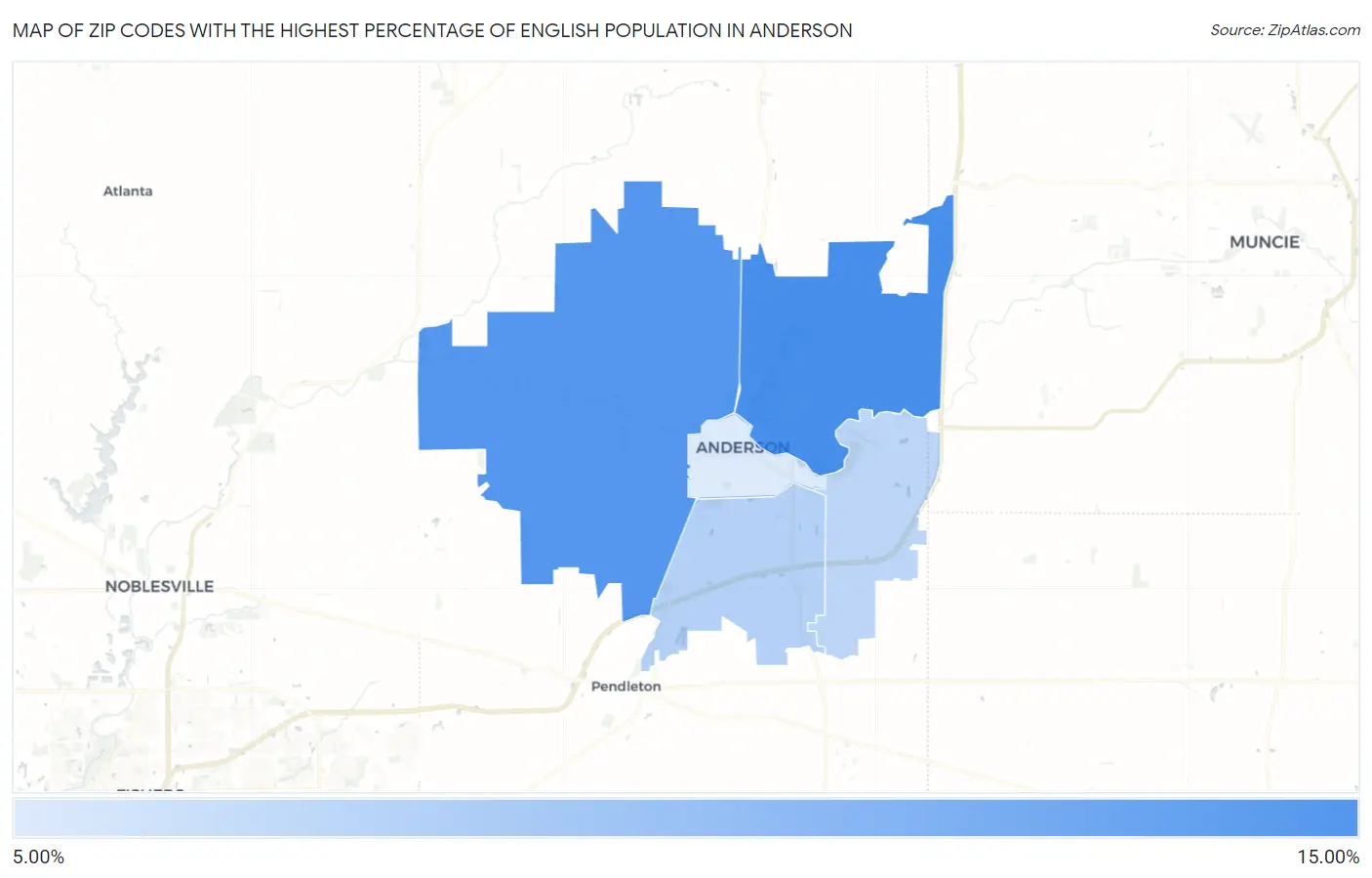 Zip Codes with the Highest Percentage of English Population in Anderson Map