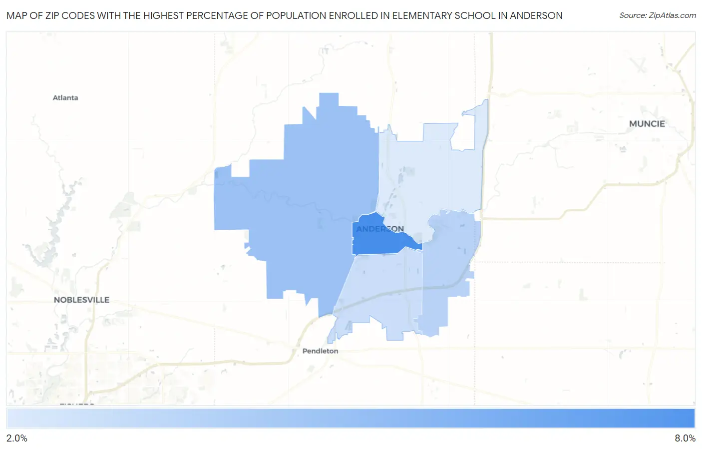 Zip Codes with the Highest Percentage of Population Enrolled in Elementary School in Anderson Map