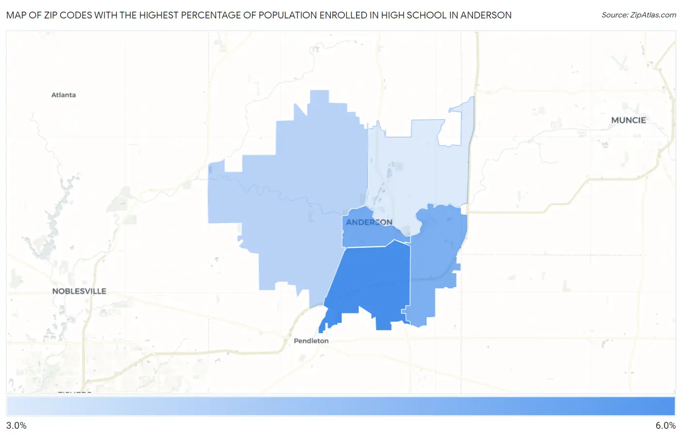 Zip Codes with the Highest Percentage of Population Enrolled in High School in Anderson Map