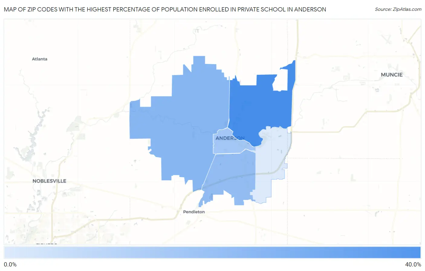 Zip Codes with the Highest Percentage of Population Enrolled in Private School in Anderson Map