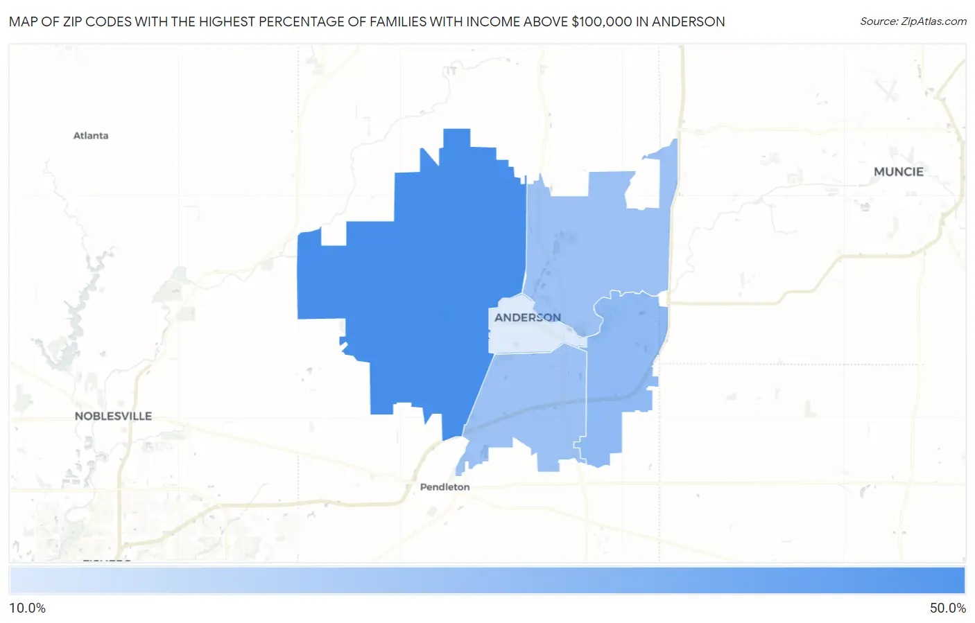Zip Codes with the Highest Percentage of Families with Income Above $100,000 in Anderson Map
