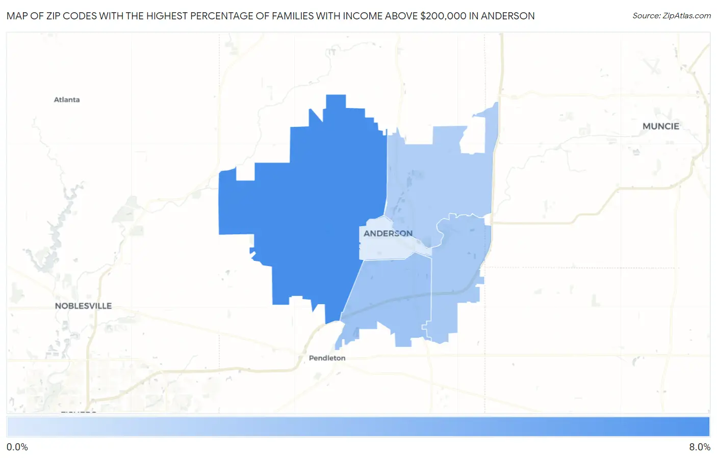 Zip Codes with the Highest Percentage of Families with Income Above $200,000 in Anderson Map