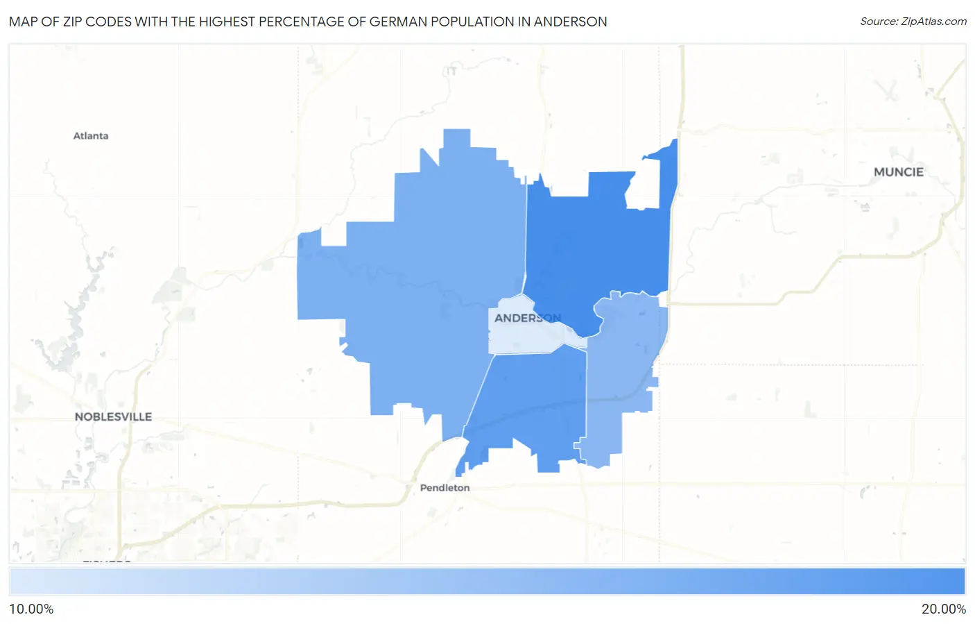 Zip Codes with the Highest Percentage of German Population in Anderson Map