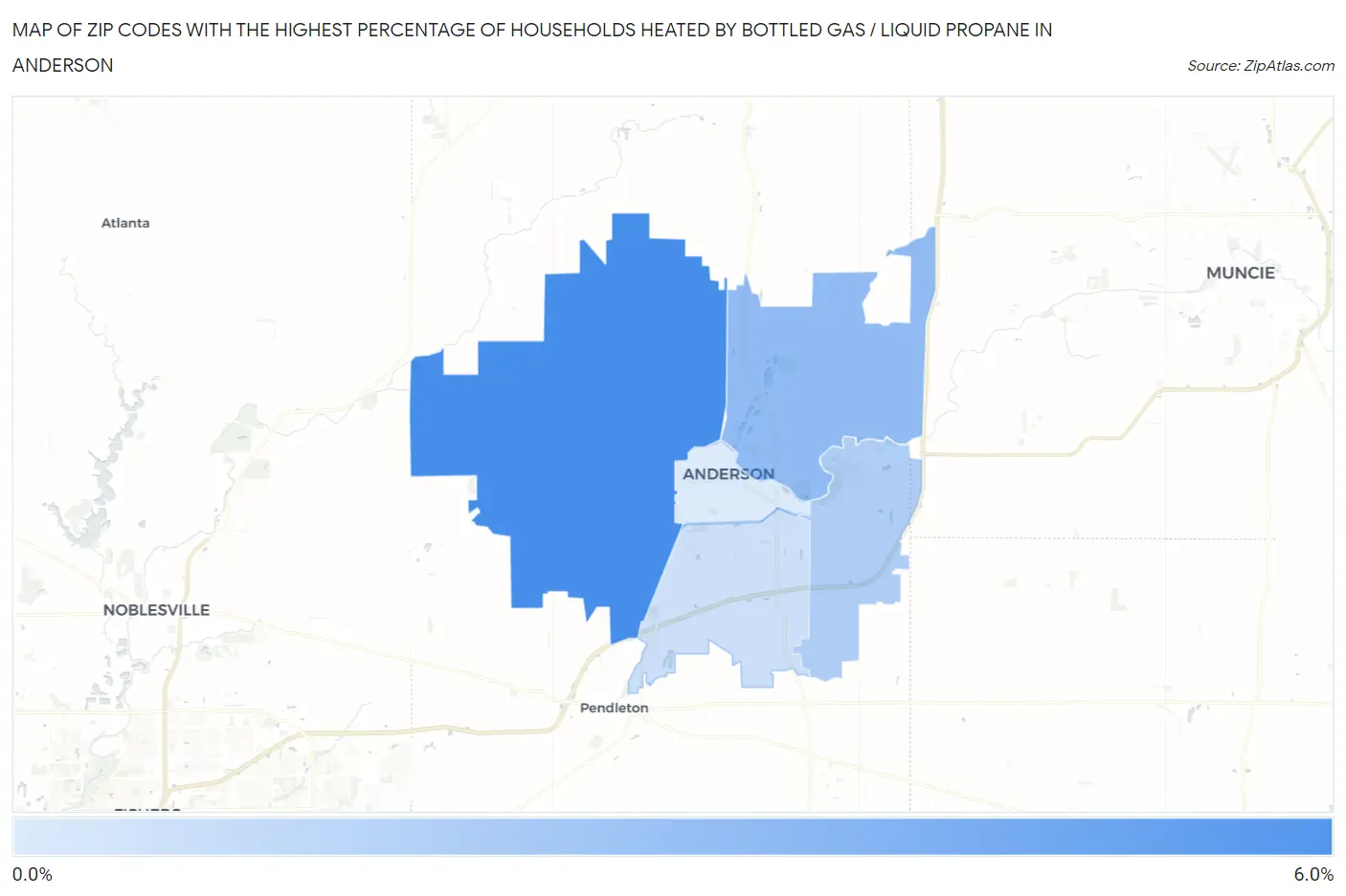 Zip Codes with the Highest Percentage of Households Heated by Bottled Gas / Liquid Propane in Anderson Map
