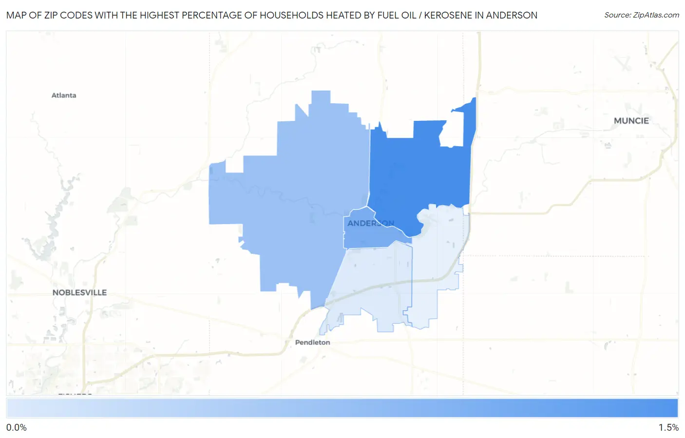 Zip Codes with the Highest Percentage of Households Heated by Fuel Oil / Kerosene in Anderson Map
