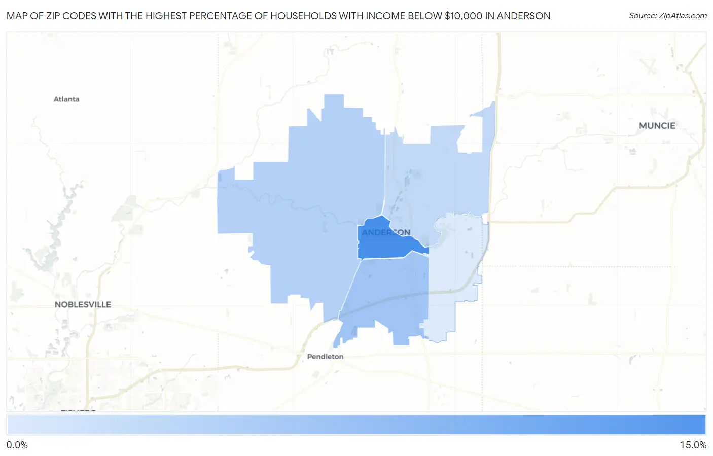 Zip Codes with the Highest Percentage of Households with Income Below $10,000 in Anderson Map