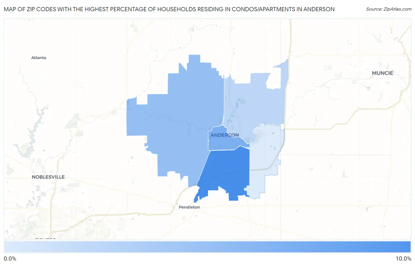 Zip Codes with the Highest Percentage of Households Residing in Condos/Apartments in Anderson Map