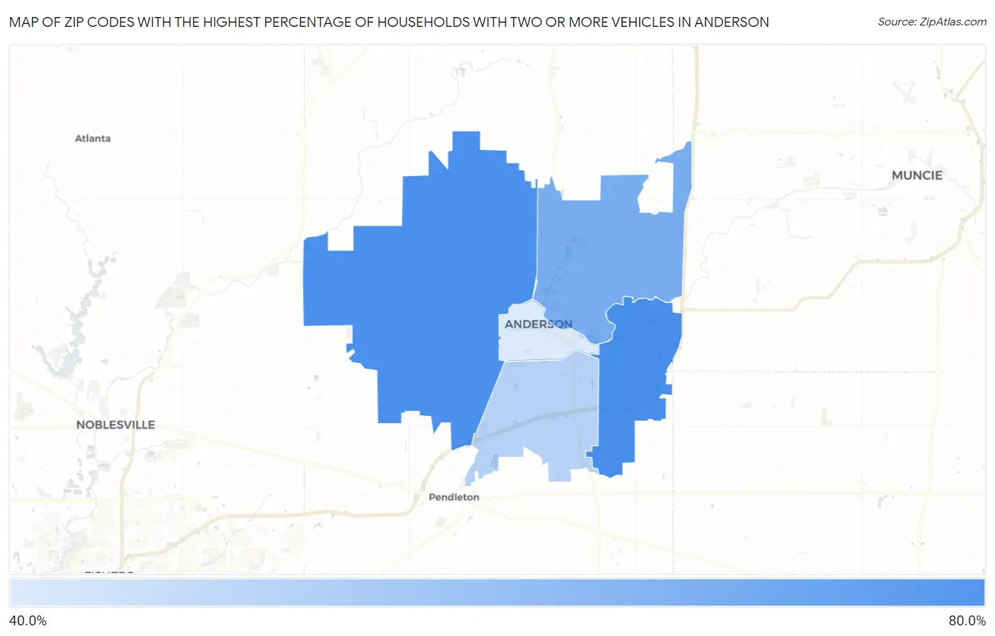 Zip Codes with the Highest Percentage of Households With Two or more Vehicles in Anderson Map