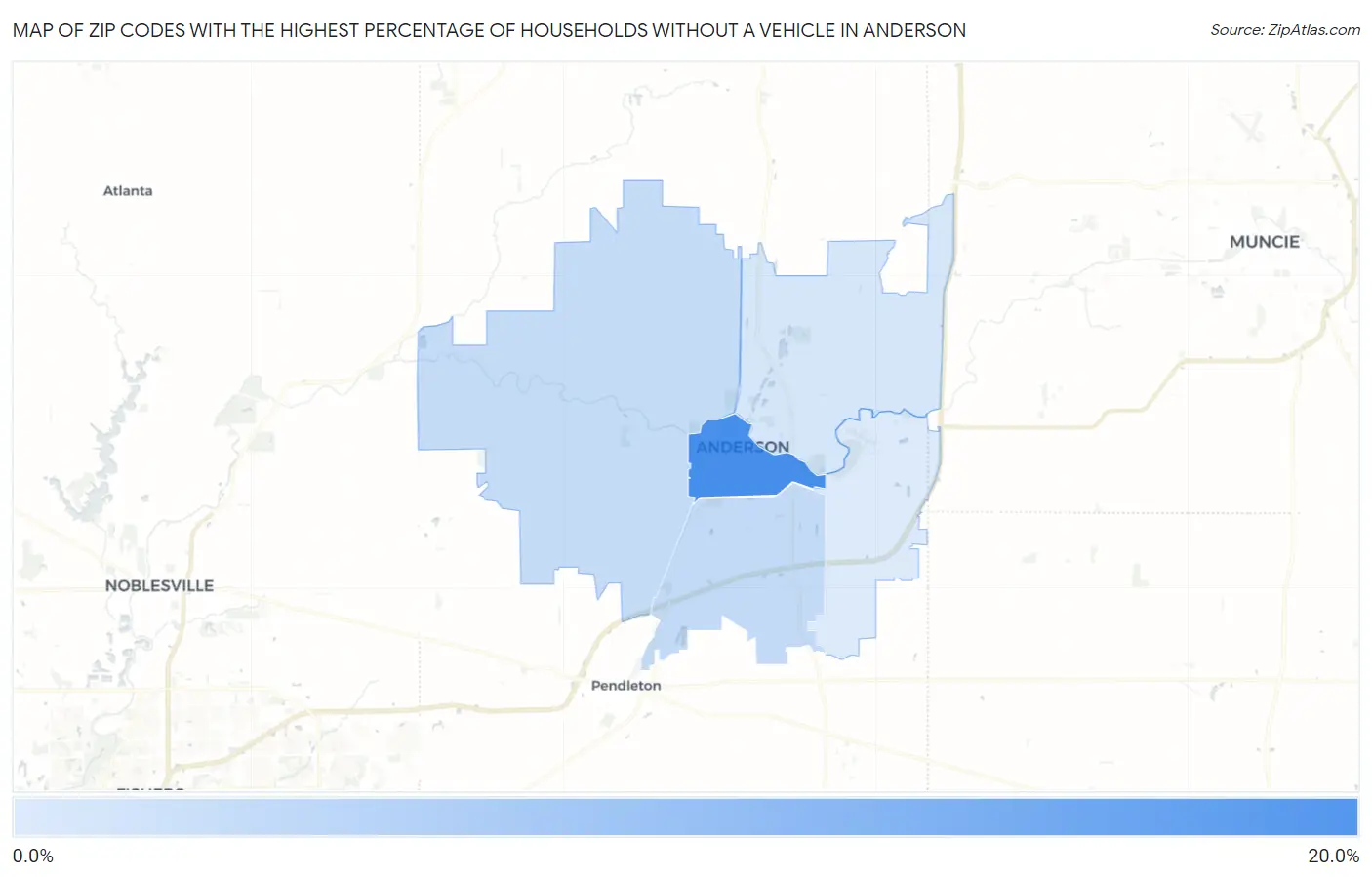 Zip Codes with the Highest Percentage of Households Without a Vehicle in Anderson Map