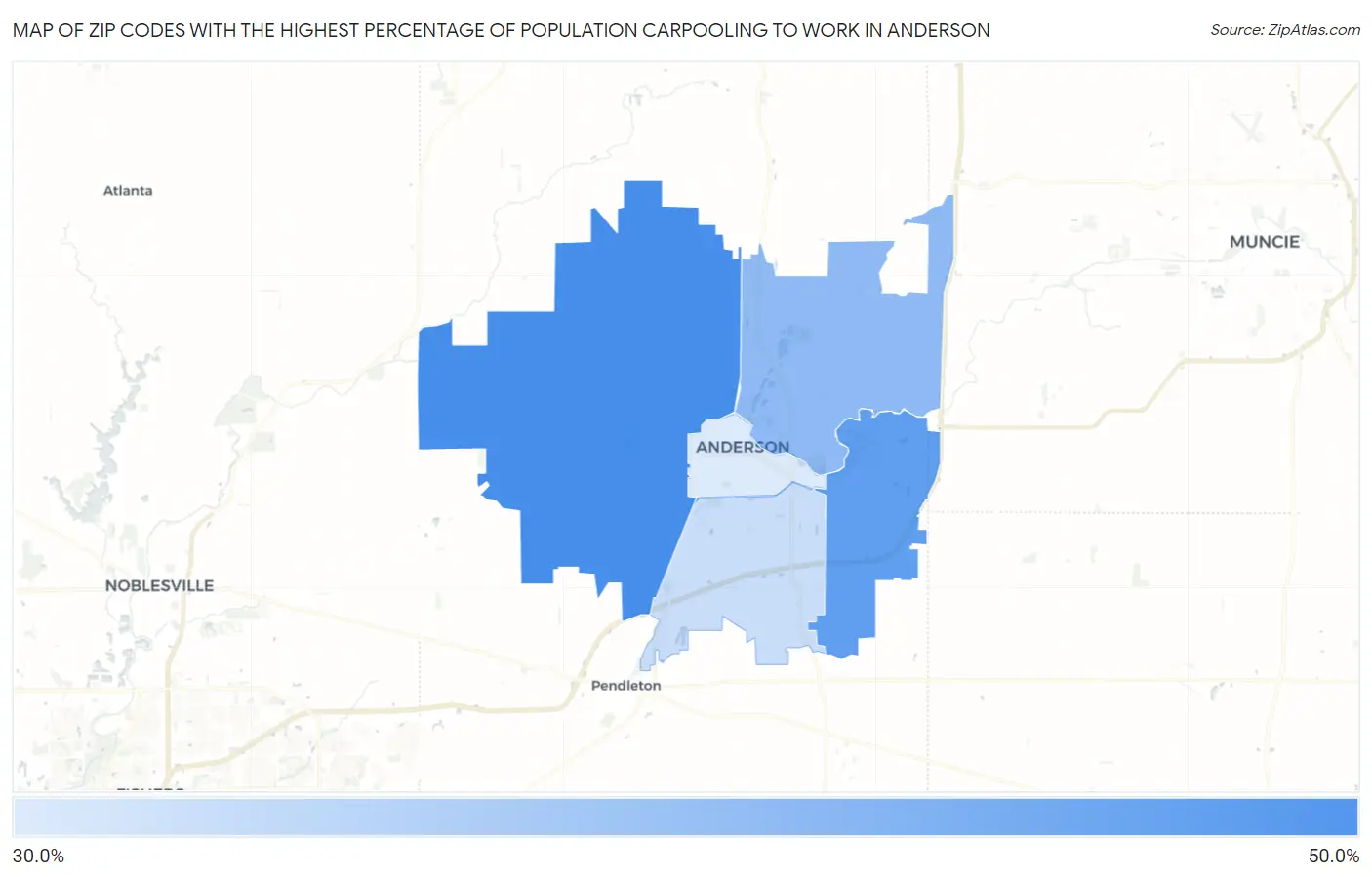 Zip Codes with the Highest Percentage of Population Carpooling to Work in Anderson Map