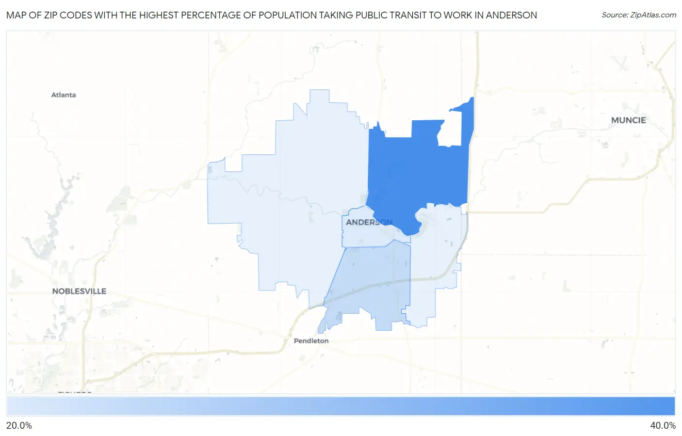 Zip Codes with the Highest Percentage of Population Taking Public Transit to Work in Anderson Map