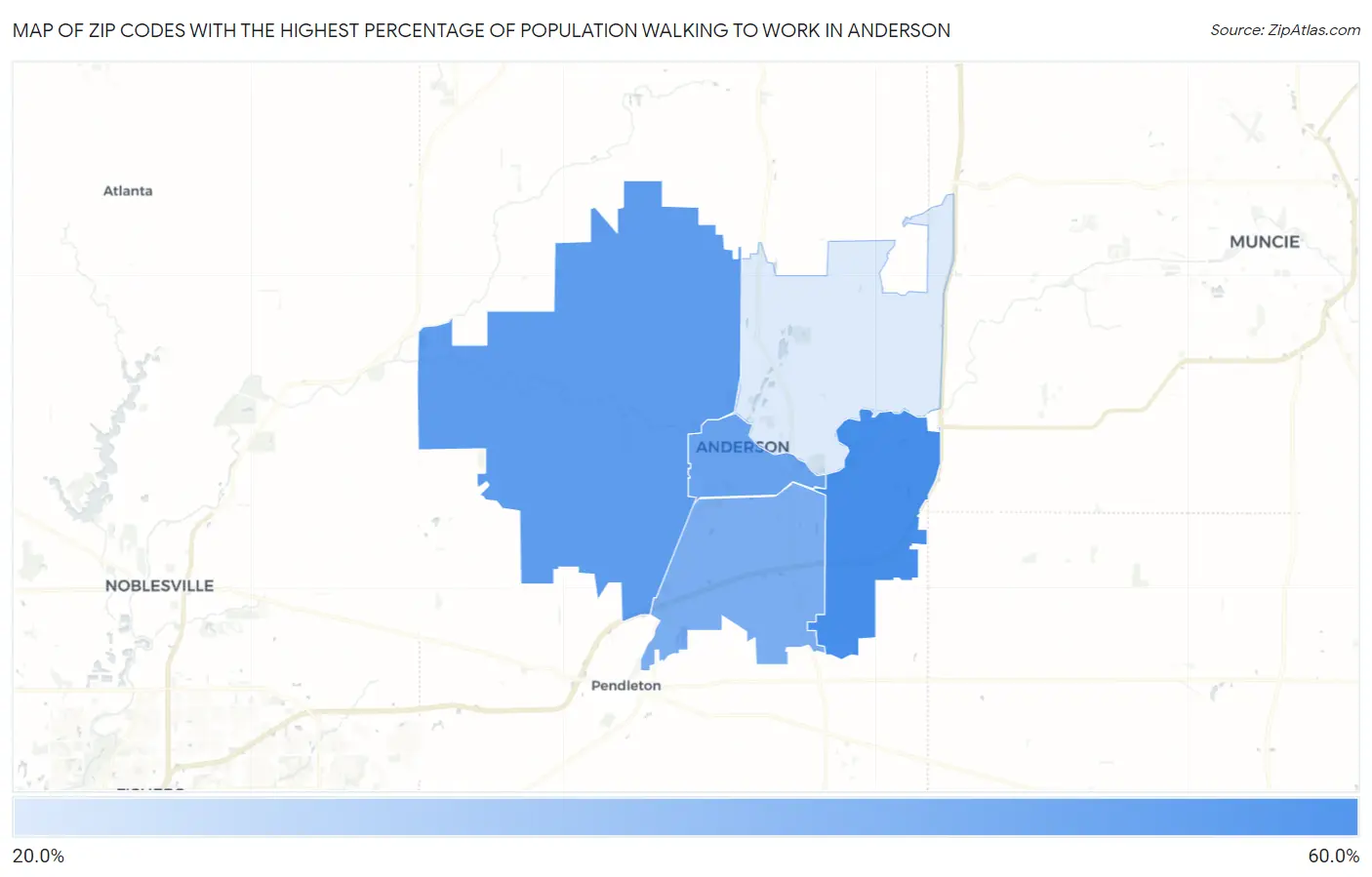 Zip Codes with the Highest Percentage of Population Walking to Work in Anderson Map