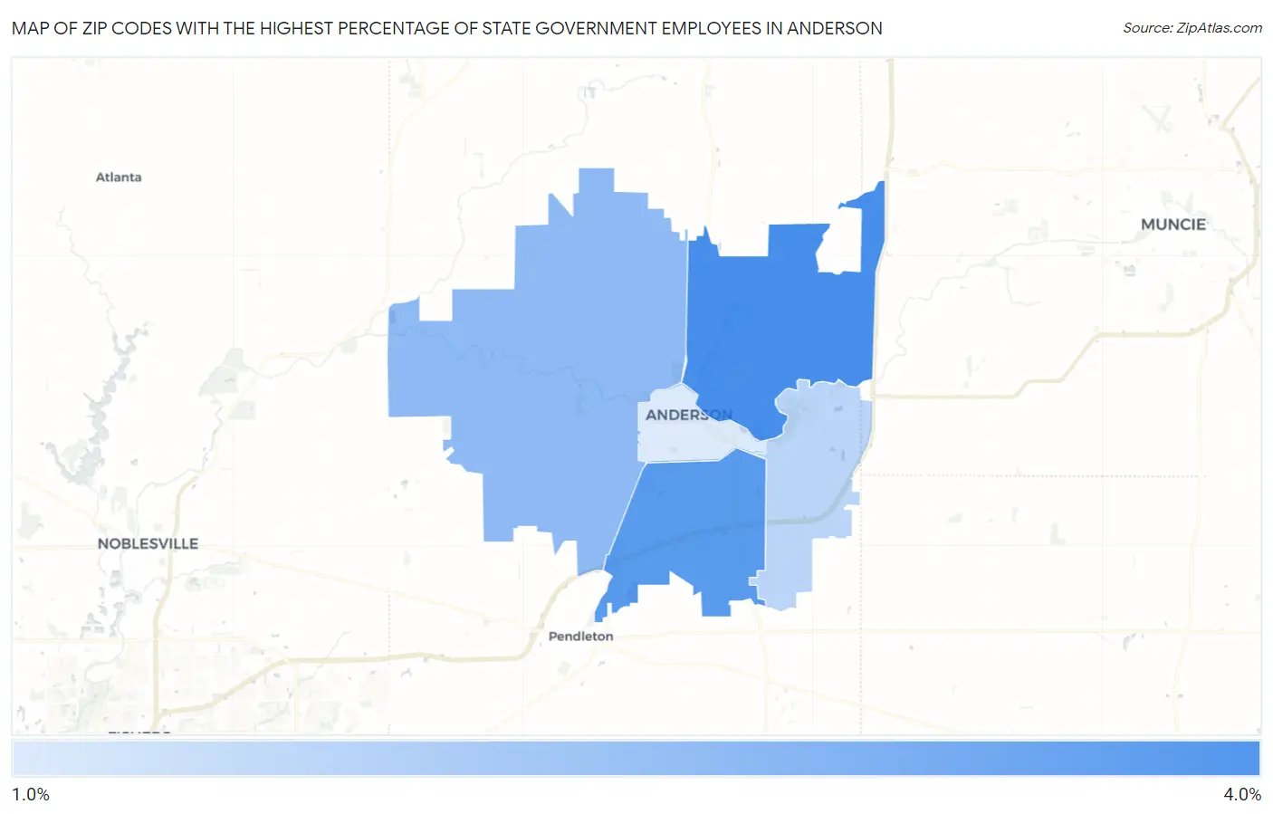 Zip Codes with the Highest Percentage of State Government Employees in Anderson Map